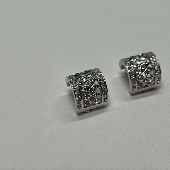 Vintage Silver Tone Rhinestone Hoop Clip On Earrings - Picture 4 of 9